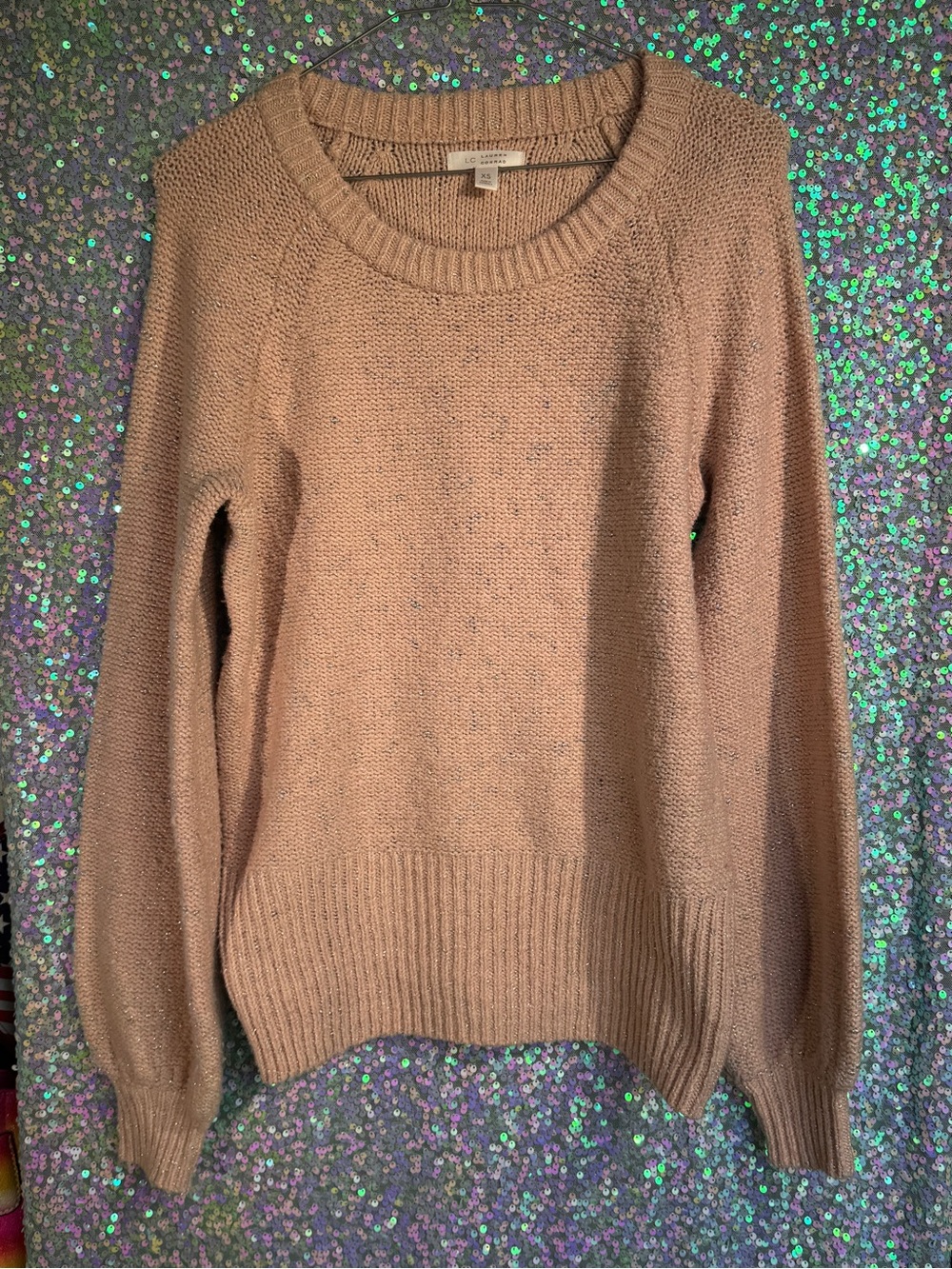 LC Lauren Conrad Hearty Knit Crewneck Sweater in Blush Pink Tan w/ Silver Thread